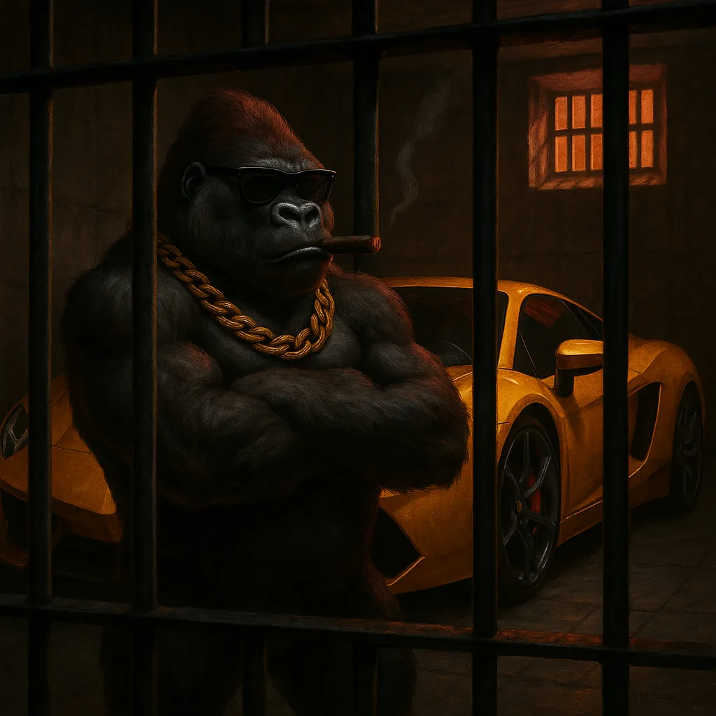 Andrew Taterilla, a muscular gorilla with a gold chain and cigar, seated inside a cage